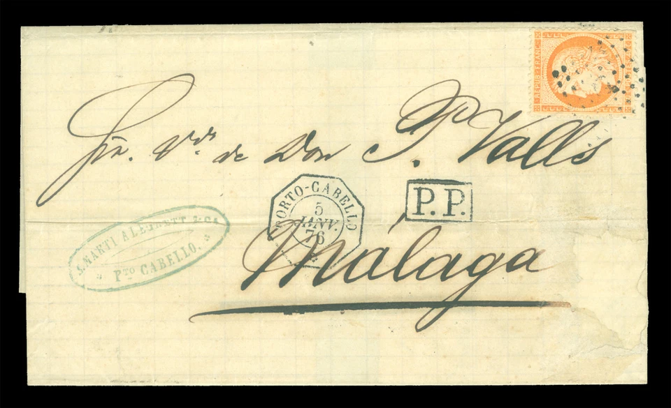 MARITIME MAIL  French Packet Boats 1876 Porto Cabello, Venezuela to Malaga SPAIN - Image 1 of 2