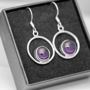 925 Sterling Silber Amethyst Runde Creolen Ohrhänger Edelstein Schmuck - Bild 1 von 5