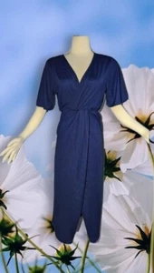 CRESCENT DRIVE Navy Blue Short Sleeve FAUX WRAP Long Dress Ribbed Size Large - Picture 1 of 10