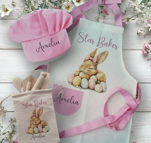 Personalised easter rabbit kids apron and hat set, chef pinny, wooden set, - Picture 1 of 2