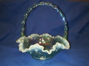 Fenton 8" Opalescent Iridescent Green Art Glass Basket Floral Pattern - Picture 1 of 9
