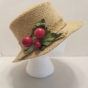 Vtg Donna Karan DKNY Woven Straw Hat Red Cherries Women's Sz Small/Med Beach - Picture 1 of 9