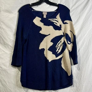 Chico's 3/4 Sleeve Pullover Sweater Women's Size 0 Blue With Lg Beige Flower - Picture 1 of 11