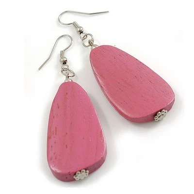 Pink Teardrop Wooden Earrings - 65mm L - Image 1 of 4