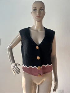 Vintage 90s Lianne Barnes Ostrich Leather Knit Vest Made In USA Black Tan 1/XS - Picture 1 of 23