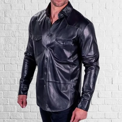 Estilo Cool Fit: Camisa con botones de cuero de cordero negra para hombre para looks cotidianos Foto 1 de 3