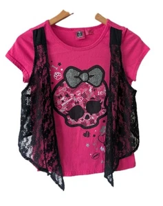 Monster High Girls Top XL 14/16 Pink Short Sleeve Pullover Lace Graphic Design - Picture 1 of 6