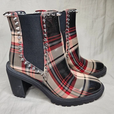 Jessica Simpson Demmie Ankle Boots Women 8 Red Black Plaid Studded Spikey Chunky - Image 1 of 4