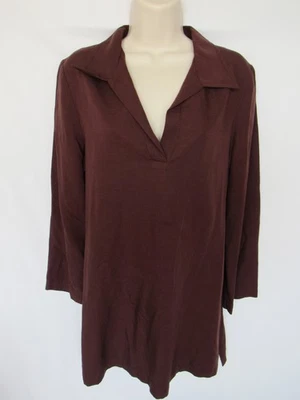 JAEGER женщин S коричневый воротник v-образным вырезом длинным рукавом льняной смеси туника блузка - Изображение 1 из 4