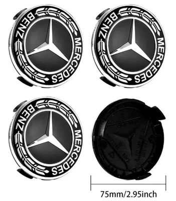 NEW 4PCS Mercedes-Benz Wheel Center Caps Emblem Black and Chrome Hubcaps 75MM US Foto 1 de 4