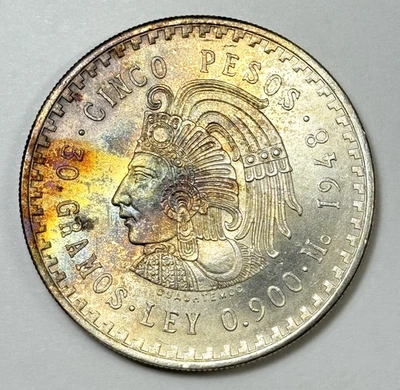 Moneda de plata BU 1948 México 5 pesos Cuauhtémoc azteca - ¡Tonificación arco iris original!🔥 Foto 1 de 3