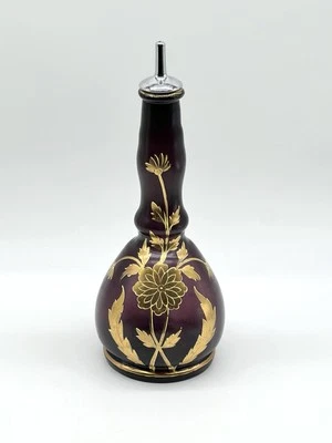 "Antigua botella de peluquero de vidrio satinado de amatista pintada a mano pintura dorada 8""" Foto 1 de 4