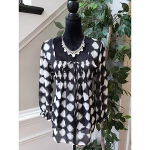 Sunny Leigh Blouse Top Womens Large Black White Tie Dye Pintuck Detail Tie Front - Picture 1 of 13