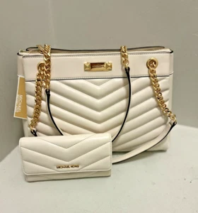 Michael Kors Whitney MD Chain Strap Shoulder Tote Bag+Trifold Wallet-Light Cream - Picture 1 of 24