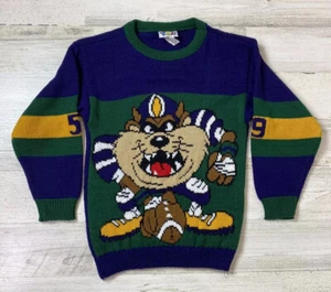 Vtg 1993 Tazmanian Devil Football Sweater Youth Kids Sz L 7 USA Looney Tunes - Picture 1 of 9