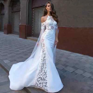 Graceful Satin Mermaid Wedding Dresses Applique With Cape Tulle BridalGown Train - Picture 1 of 7