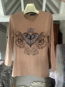 Apanage Collection Top stretch jersey tan blue diamante royal crown lions S - M - Picture 1 of 13
