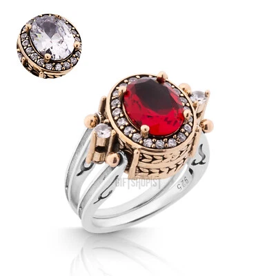 Turkish Reversible Oval Red Ruby and White Topaz 925 Sterling Silver Ring - Image 1 of 4