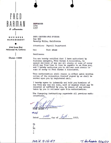 NICK "THE REBEL" ADAMS - DOCUMENT SIGNED 09/12/1957 Cover