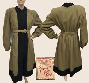 VTG 1930s GREEN WOOL Princess Coat w/FAUX Persian Lamb Fur & Pinched Seaming XXS - Picture 1 of 22