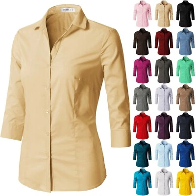 Womens Button Down Shirt Basic SLIM FIT Simple 3/4 Sleeve Collared V-NECK 069 - Image 1 of 4