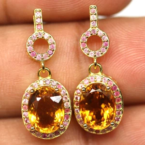 925 Sterling Silver 7 x 9 mm. Yellow Citrine & Pink Sapphire Earrings - Picture 1 of 4