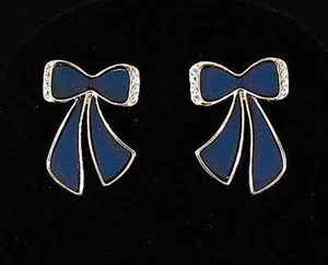 BOW CLEAR AUSTRIAN CRYSTAL RHINESTONE EARRING EARRINGS STUD GOLD PLATED E1198NVY - Picture 1 of 3