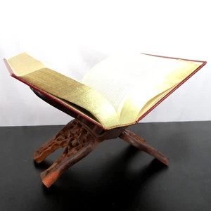 Vintage Intricate One Piece Carved Wood Open Book Stand Bible Holder Cookbook - Picture 1 of 5