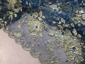 Royal Gold Silver Embroidery Rhinestone Lace Fabric 50” Width Sold By The Yard - Picture 1 of 11