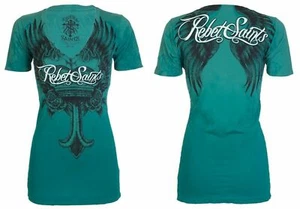REBEL SAINTS by AFFLICTION Soul Chaser Teal Slim Fit Womens V-neck T-shirt S-XL - Picture 1 of 8