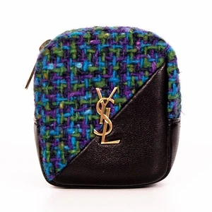 NEU $575 SAINT LAURENT blauer TWEED & LEDER YSL Schlüsselanhänger Jamie WÜRFEL TASCHENANHÄNGER - Bild 1 von 12