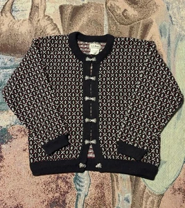 Vintage LL Bean Nordic Birdseye Silver Clasp Cardigan Sweater Navy Red White Med - Picture 1 of 4