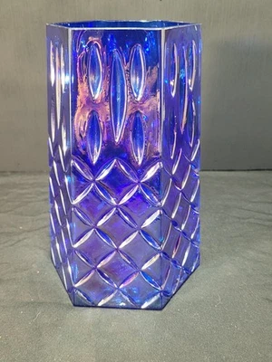 Blue Iridescent Glass Hexagon Vase - Image 1 of 4