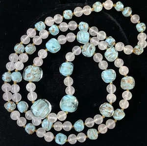 Vintage 36” 98g Murano Goldstone Trail Baby Blue Glass Bead Rose Quartz Necklace - Picture 1 of 14