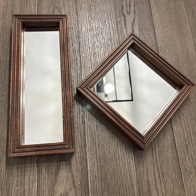 VTG Square & Rectangle Mirror Set (2) Wood Frame Wall Hanging Pair Retro MCM - Image 1 of 4