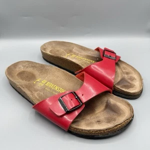 Birkenstock Sandals Womens 40 US 9 Red Birko-Flor Slides Patent Leather Narrow - Picture 1 of 10
