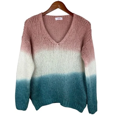 Suéter Pullover Scandal Italy Rosa Blanco Azul Tejido Rústico Lana Mohair Para Mujer L Foto 1 de 4