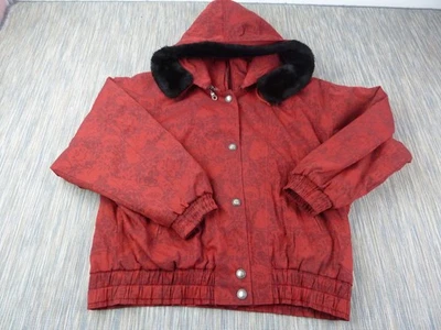 Metropolis by Ellen Tracy Jacket Women Size 12 Red Floral Padded Hooded Faux Fur - Image 1 of 4