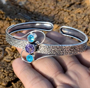 Faceted Amethyst, Blue Topaz Gemstone Cuff 925Sterling Silver Christmas Bangle - Picture 1 of 6