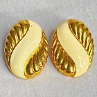 Monet Stud Earrings Gold Tone And Off White Enamel Ribbed Oval Clip Ons