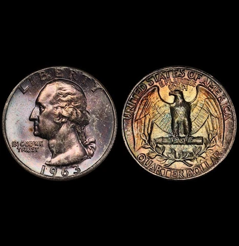 MS66 1963 25C Washington Silver Quarter, PCGS Secure- Pretty Rainbow Toned Cover
