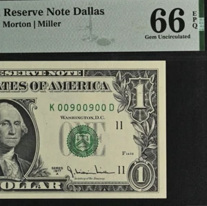 1977A $1 FRN Dallas PMG 66EPQ awesome gift gem radar serial number 00900900 - Picture 1 of 3