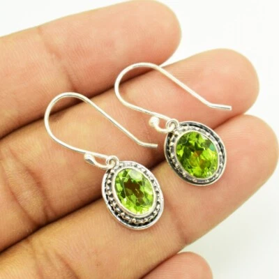 Green Peridot Oval Gemstone 925 Sterling Silver Hook Earrings Anniversary Gifts - Image 1 of 4