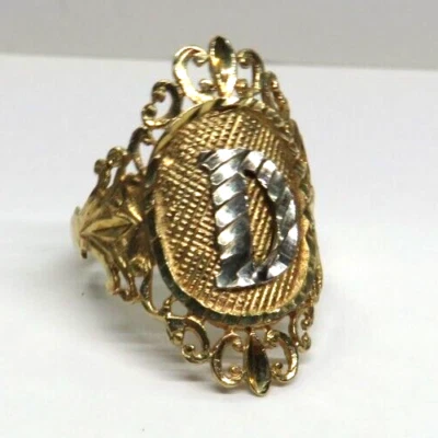 Beautiful Solid 14K Yellow & White GOLD Filigree RING with Letter D size 6.5 - Image 1 of 4