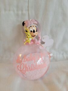 Disney Parks Baby's First Christmas Ornament Pink Glass - Minnie Mouse