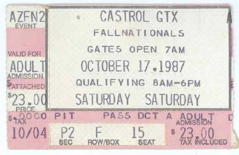 10/17/87 NHRA Fall Nationals Ticket Stub! Joe Amato Mark Oswald Bob Glidden Cover