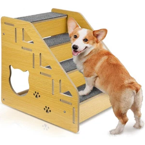 18 Inch 4-Step Wooden Pet Stairs Nonslip Carpeted Dog Stairs Ramp Pet Furniture - Picture 1 of 8