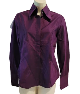 Neu Farinaz Taghavi 4 maßgeschneiderte Bluse mit Knopfleiste Streifen Oberteil lila italienische Baumwolle - Bild 1 von 24