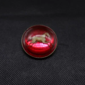 ANTIQUE EQUESTRIAN HORSE BRIDLE ROSETTE PIN RUNNING HORSE GLASS DOME RED RARE - Picture 1 of 5