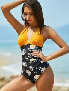 Shekini Swimsuit Black Gold Floral Bathing Suit One Piece Tummy Control S Swim - Picture 1 of 4